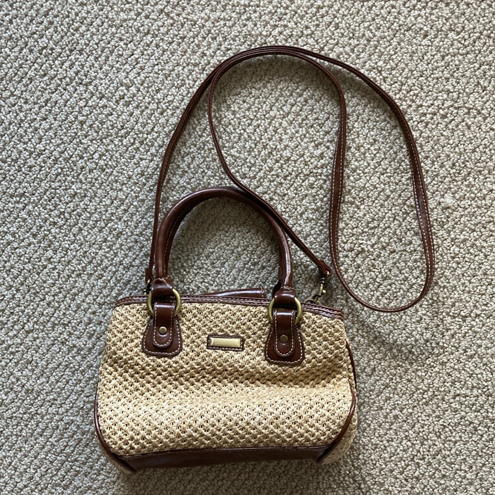 Vintage Y2K Straw Genuine Leather Mini Crossbody Bag Handbag Purse Pockets EUC